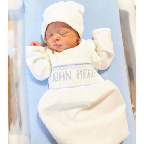 Blue Baby Snuggles - Custom Smocked Pima Gown and Hat