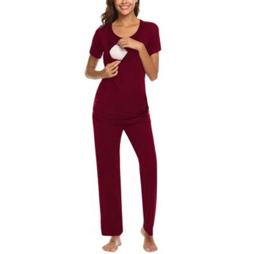 Ekouaer Women Maternity Nursing Pajama Set Breastfeeding Sleepwear Set Short Sleeve Top & Pants Postpartum Pajamas Burgundy L