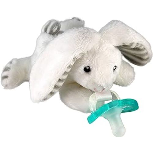 RaZbaby JollyPop Pacifier, Holder w/Detachable Baby Pacifier, Stuffed Animal RaZbuddy, All Ages 0M+, 100% Medical Grade USA Made Silicone Pacifier, Machine Washable, Easy to Hold – Bunny