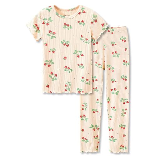 Beezizac Toddler & Little Girls Pajamas Cute Ditsy Floral/Strawberry Fruit Tee & Pants PJ Spring Set - 3T