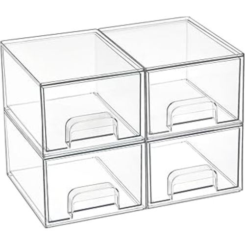 Vtopmart 4 Pack Small Clear Stackable Storage Drawers,Acrylic Bathroom Makeup Organizer,Plastic Storage Bins For Vanity, Undersink, Kitchen Cabinets, Pantry, Home Organization