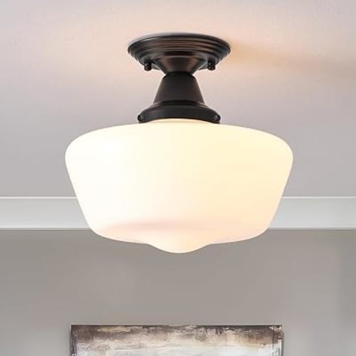 Schoolhouse Light Fixture, 12 Inch Black Finish with Milk Glass Semi Flush Mount Ceiling Light, Ceiling Light Fixture for Kitchen Hallway Entryway