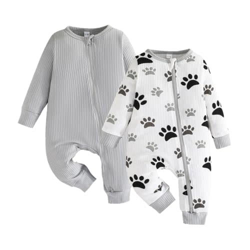 Bafeicao Unisex Baby Boy Girl 2 Pack Rompers Long Sleeve Two Way Zipper Romper One Piece Jumpsuits Clothes Sets