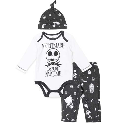 Disney Nightmare Before Christmas Jack Skellington Sally Zero Bodysuit Pants and Hat 3 Piece Outfit Set Newborn to Infant