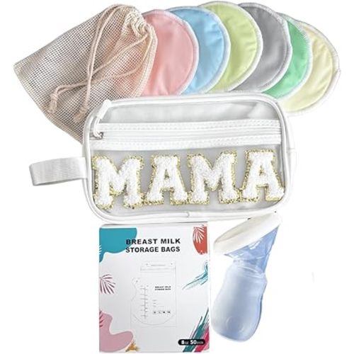 Breastfeeding Essentials Kit: Bamboo Breast Milk Pads, Silicone Manual Breast Pump, Storage Bags & Cosmetic Bag - Gift Set for New Mothers, New Mom Gift