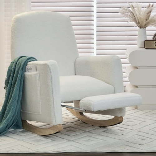 Nursery Rocking Chair with Adjustable Footrest & Ergonomic Backrest, Teddy Fabric Glider Chair with Side Pocket & Thick Seat Cushion, Rocking Accent Chair for Living Room Bedroom Office, Ivory