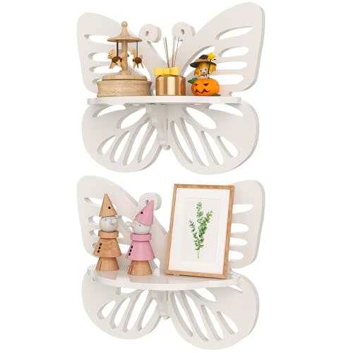 Beskadi White Butterfly Shelves 2 Tier - Nursery Wall Deor Floating Shelf, Cute Wall Display Rack for Kid’s Room, Small Decorative Shelf Wall Mounted, Hanging Wall Shelf for Toys, Plants Storage.