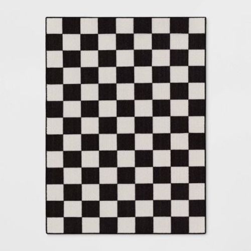 4'x5'5" Washable Small Checker Accent Rug Charcoal And Ivory - Room Essentials™: Checkered, Oeko-tex Certified
