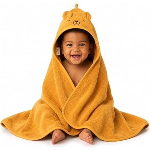 Hooded Baby Towel – 100% Organic Cotton Baby Bath Towels – Baby Boy and Girl Newborn Essentials - Super-Soft and Absorbent. (Bear - Autumn Yellov)