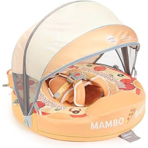 Mambobaby Float Upgrade Add Tail Baby Float with Canopy for Infant Waist Swimming Ring Swim Trainer Non-Inflatable Floats Toys with Adjustable Safety Strap (Orange - Pizza)