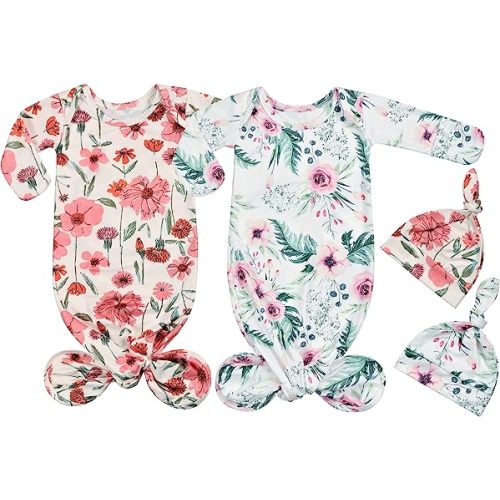 Terriboo Newborn Baby Boy Long Sleeve Sleeper Gown with Mittens Knotted Gown Coming Home Outfit Nightgown Hat Set 2 Pieces