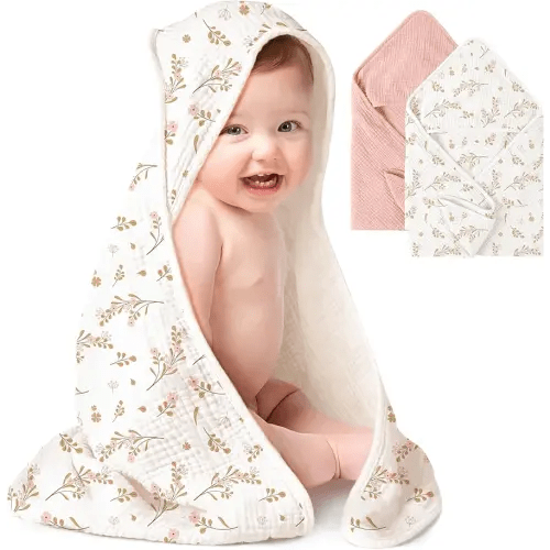 Konssy 2-Pack Muslin Hooded Baby Towels, 100% Cotton, Ultra-Soft & Absorbent Baby Bath Towels with Hood for Newborn & Infant (Pink, Floral,32" x 32")