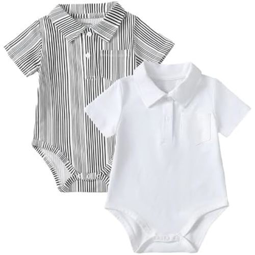 ROMPERINBOX Onsies for Baby Boy Polo Collar Bodysuit 2 Pack Short Sleeve Romper with Pocket 0-24 Months