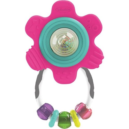 Infantino Spin & Teethe Gummy Pink Flower Rattle - Easy to Grab, Chewy Rings, Multi-Texutre Petals, Roller Ball Center - Teething & Sensory Play, Ages 0 Months +