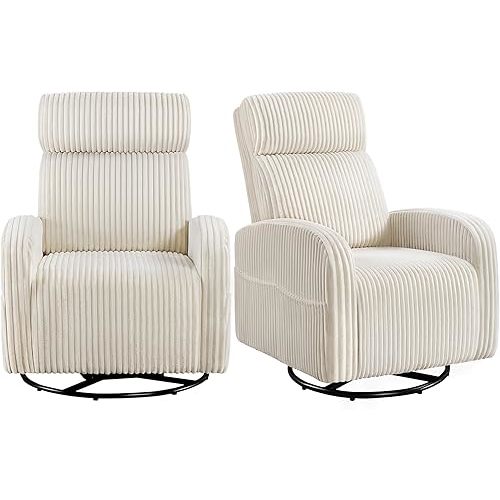 Yaheetech 360° Swivel Glider Chair for Nursery, Rocking Chair Nursing Chair with Side Pockets, Corduroy Glider for Living Room with High Back Beige Set of 2