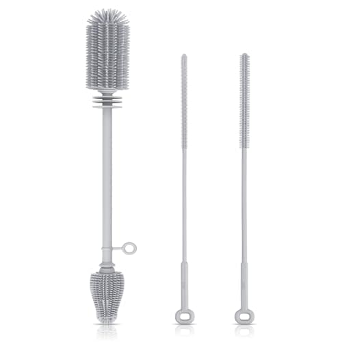 Silicone Bottle Brush and Straw Cleaner Set,Water Bottle Brush Double-Headed,Straw Brush Silicone,Bottle Cleaner Brush for Thermoses and Sports/Water Bottles/Dish/Cup (Grey)