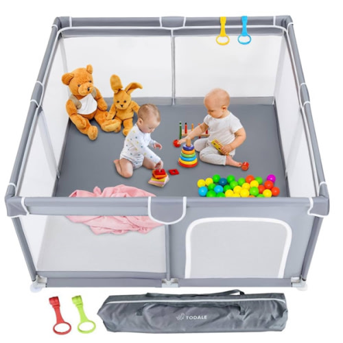 Todale 50”×50” Baby Playpen - Safe Infant & Toddler Gate for Crib - Portable Floor Yard with Anti-Slip Base and Breathable Mesh in Gray - Playpen for Babies and Toddlers, Gray