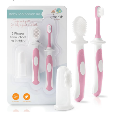 Cherish Baby Care Baby Toothbrush & Toddler Toothbrush Set (0-2 Years) - BPA-Free & Safety-Tested, 2023 Award Winner, Food-Grade Silicone (Pink)