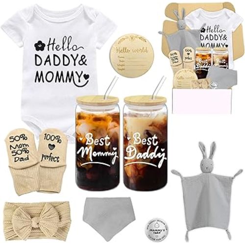 New Mom Gifts Basket for Women,Pregnancy Gifts for New Parents Gifts Basket,Unique Gender Reveal Gifts,New Mom and Dad Gifts with Glass Cups,First Time Mom Gifts,Baby Gifts