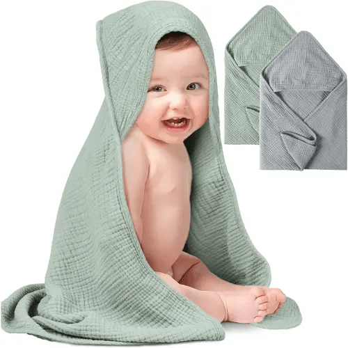 Konssy 2 Pack Muslin Hooded Baby Towels for Newborn Soft 100% Cotton Baby Bath Towel with Hood for Baby, Infant Ultra Absorbent, Baby Stuff Baby Bath Shower Gifts (Grey, Green,30" x 30")