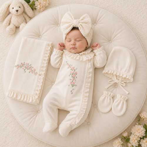 Coming Home Outfit Girl, Embroidered Cotton Romper, Bonnet and Blanket Set, Personalized Organic Newborn Baby Shower Gift