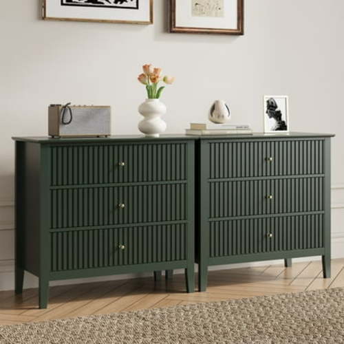RoyalCraft Large 3 Drawer Dresser Set of 2, Fluted Chest of Drawers with Storage, Modern Painted 30ch Tall Nightstand for Bedroom Living Room Entryway, Green