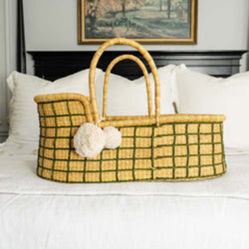 Moss Green Grid African Moses Basket Vegan Handle