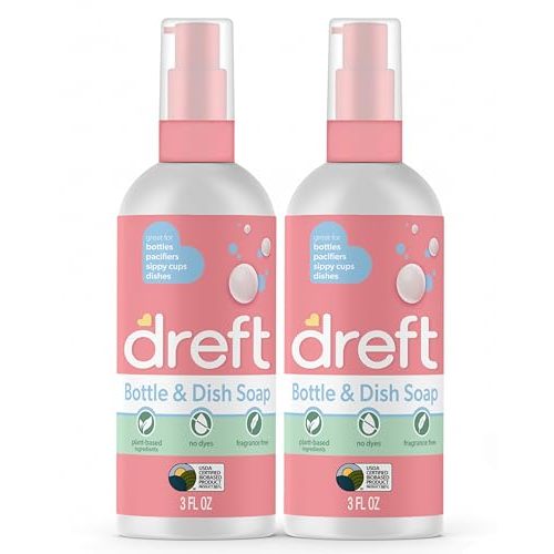 Dreft Bottle and Dish Soap | Made to Clean Baby Bottles, Sippy Cups, Pacifiers, Breast Pumps, & More | Gently Removes Milk Film & Odors | Plant Based, Fragrance Free Dish Soap | 3 Fl Oz (Pack of 2)