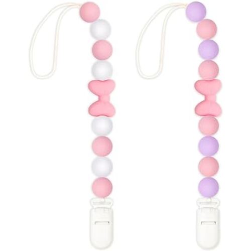 Silicone Pacifier Clip, 2 Pack Pacifier Holder for Boys and Girls, Adorable Butterfly Bow Pacifier Clips Fits for Most Pacifier, Baby Teethers, Baby Shower and Baby Gift(Pink&Purple)