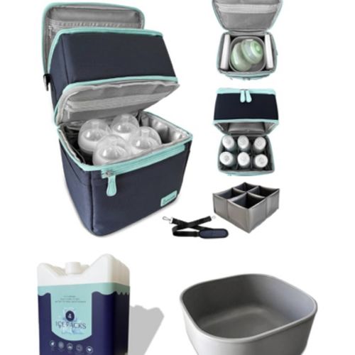 COOL Bundle Insulated Breast Milk Dual Layer Cooler Bag (Navy/Light Blue), Set of 4 ICE Slim Design Reusable Ice Packs, & BPA Free Dishwasher Safe PumpPartment Box Pumping Moms Bottles Daycare