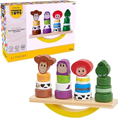 Disney Wooden Toys Toy Story Balance Blocks, 17-Piece Set Features Woody, Buzz Lightyear, Jessie, and Rex, Officially Licensed Kids Toys for Ages 18 Month by Just Play