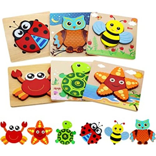 Montessori Toys for 1 2 3 Year Old Boys Girls Wooden Toddler Puzzles Kids Infant Baby Educational Learning Toys for Toddlers 1-3 Gifts 6 Animal Shape Jigsaw Eco Friendly Travel STEM Building Toy Games