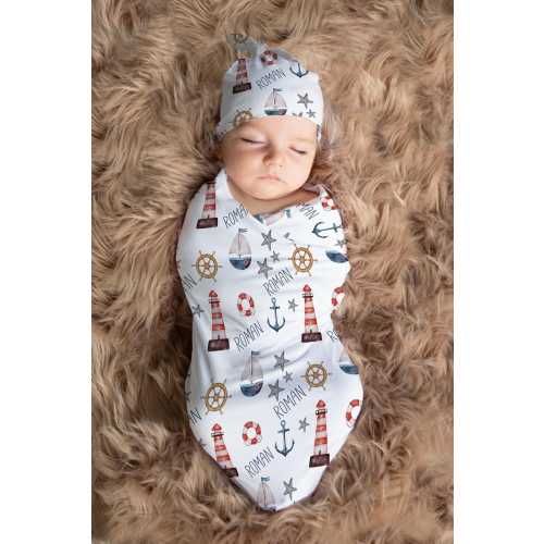 Nautical Baby Swaddle Blanket Set | Personalized Sailboat, Lighthouse