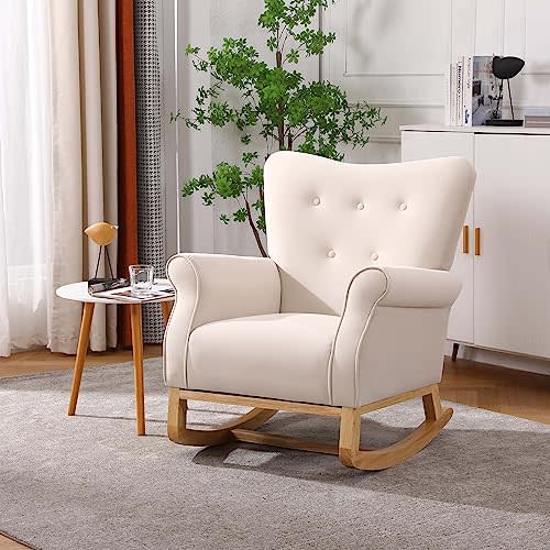 FurniTribe Velvet Nursery Glider Rocker with Comfy Armrest, Accent Rocking Chair with Solid Wood Legs for Baby (Beige)
