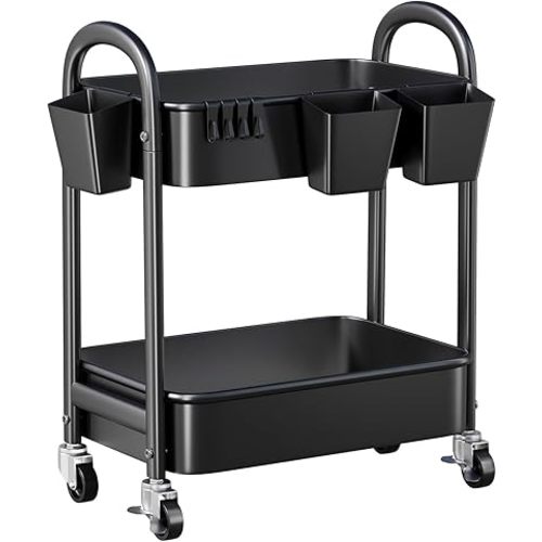 2 Tier Rolling Cart Metal, Two Tiered Short Storage Side Table with Wheels, Under Desk Mobile Trolley on Wheels, Small Utility Organizer Carts for Craft, Baby, Bedside, Office, Kitchen, Black Basket