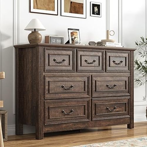 Farmhouse 7 Drawer Dresser for Bedroom, 47” Wood Chest of Drawers with Rustic Handles, Wide Closet Dressers Organizer, Living Room, Hallway, Bedroom Furniture(Brown)