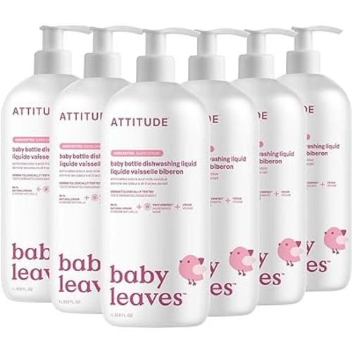 ATTITUDE Baby Dish Soap and Bottle Cleaner, EWG Verified Dishwashing Liquid, No Added Dyes or Fragrances, Tough on Milk Residue and Grease, Vegan, Unscented, 33.8 Fl Oz (Pack of 6)