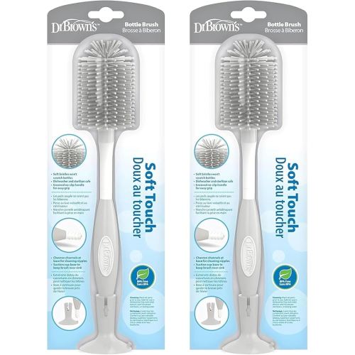 Dr. Brown's Soft Touch No Scratch Baby Bottle Cleaning Brush, Nipple Cleaner & Suction Cup Base for Easy Storage, BPA Free, Gray (Pack of 2)