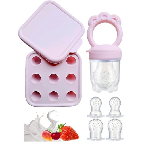 Breast Milk Popsicle Teether & Freezer Tray wd 9 Molds Silicone Baby Fruit Feeder Pacifier Weaning Kit & Ice Cubes Tray Freezable Feeding Set Teething Purees (Pink (Food Feeder & Freezer Tray))