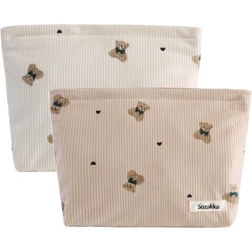 2 Pcs Makeup Bag Travel Canvas Organizer Cosmetic Bag for Purse Toiletry Bag with Zipper For Women Travel Essentials Tool Pouch for Women and Girls(Beige khaki bear)