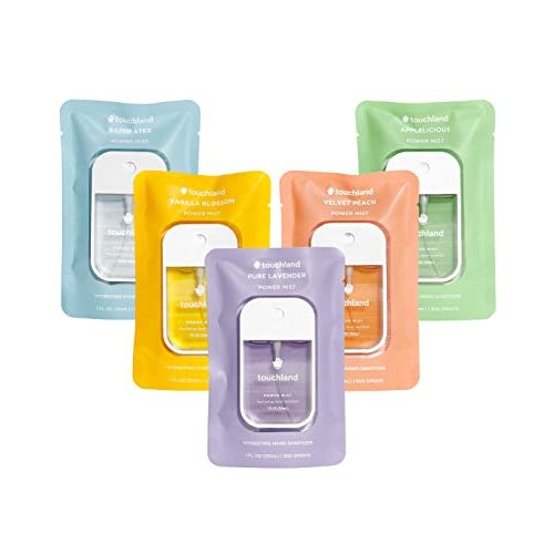 Touchland Power Mist Hydrating Hand Sanitizer Spray, BLOSSOM 5 Set (Lavender, Vanilla, Rainwater, Peach, Applelicious), 1 FL. OZ. Travel Size (Set of 5)