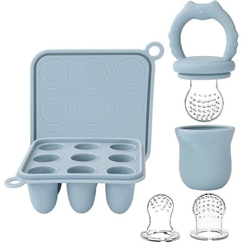 Socub Silicone Baby Fruit Food Feeder & Baby Food Freezer Tray Set, Breastmilk Popsicle Molds for Baby Teething Relief, Baby Food Pacifier Feeder for Self Feeding, Include 3 Sizes Food Pouch(Ether)