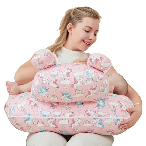 lasoftan Nursing Pillow for Breastfeeding, Breast Feeding Pillow for Mom Support, Adjustable Waist Strap and Removable Cotton Cover, Unicorn