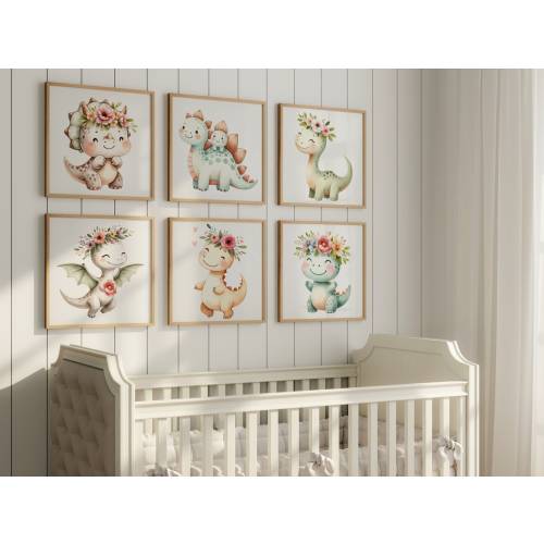 Framed Artwork Girl Dinosaur Prints, Pictures Girl Dinosaurs Wall Decor, Girl Dinosaur Wall Art, Baby Dinosaur Nursery Pictures Set of 6