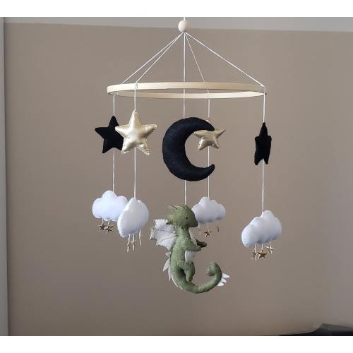 Green dragon mobile,dragon with stars and clouds mobile for nursery,gift for boys,gift for girls,fantasy mobile