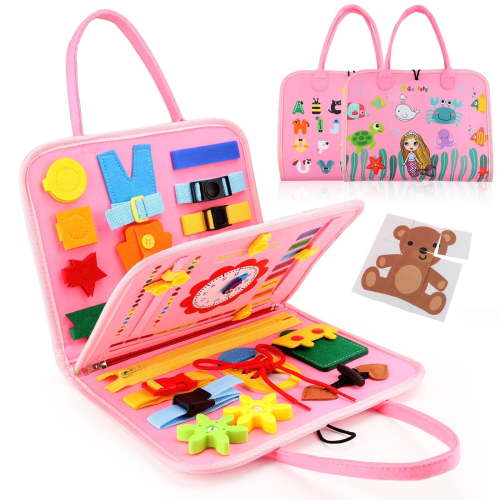 Busy Board Montessori Toy for Toddlers, Educational Activity Developing Sensory Board for Fine Basic Dress Motor Skills - Travel Toys for Plane Car, Gift for Boys Girls 1 2 3 4 Year Old