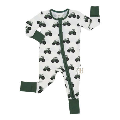 Boys Green Tractor Double Zipper Romper