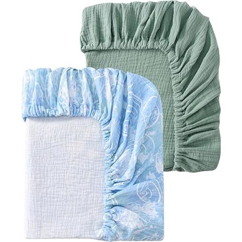 Baby Crib Sheets 2 PCS, 100% Organic Cotton Crib Sheet for Standard Crib Mattress(52”x 28”), Fitted and Soft Breathable Muslin Crib Mattress Sheet for Girl and Boy