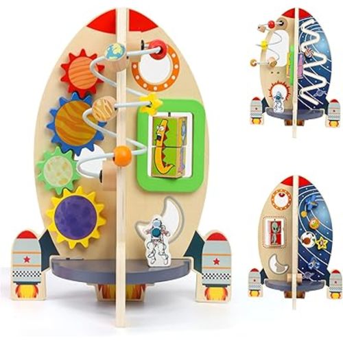 Wdmiya Space Wooden Activity Cube Toys for Baby, Montessoritoys for 1 Year Old Boy & Girl Birthday Gifts, Sensory and Educational 1st Birthday Gifts, Busy Board Toys for Baby Boy (Yellow)