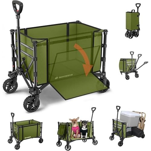 Collapsible Wagon Cart with Wheels 220lbs Foldable Wagon 120L Shopping Cart for Groceries Folding Utility Wagon for Beach, Garden, Camping, Sport, Wheelbarrows, Green